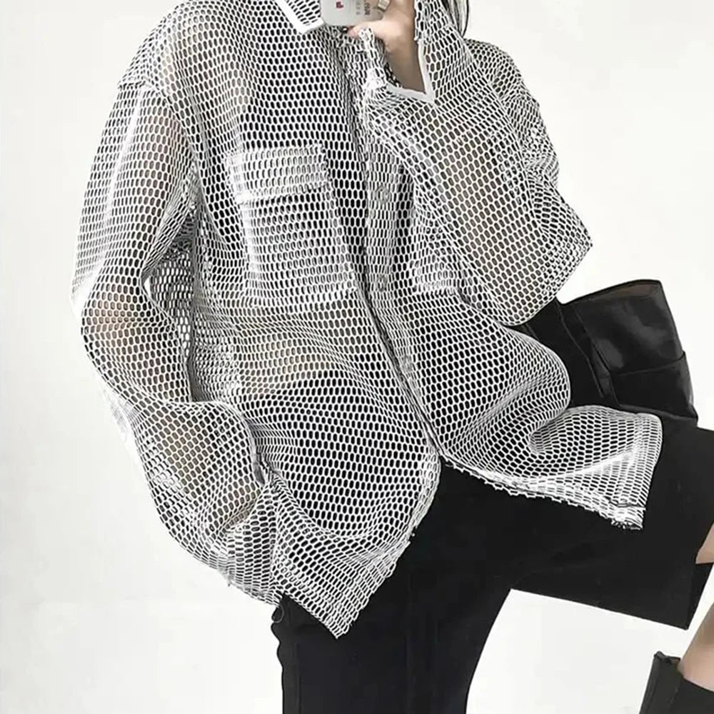 saferido Mens Casual Mesh Tops Genderless 2024 Spring Autumn New Fashion Personality Loose Versatile Streetwear Retro Shirts Unisex