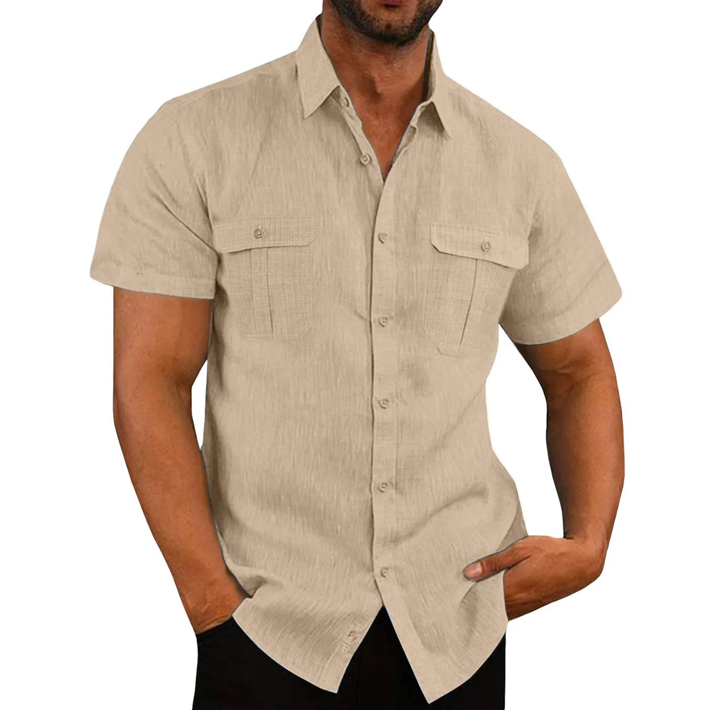 Men Short-Sleeved Shirts Summer Solid Color Stand-Up Collar Casual Beach Style Plus SizeMale Cotton Linen Shirts M-5XL