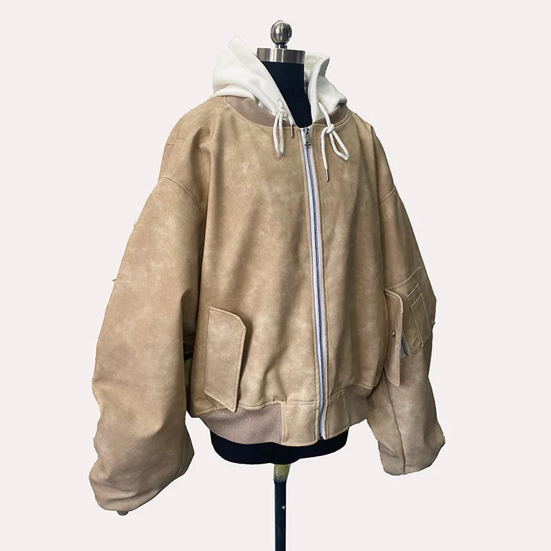 Spring Oversized Vintage Black Faux Suede Leather jacket Men Zipper Fake 2 Piece Luxury Designer Clothes Hoodie