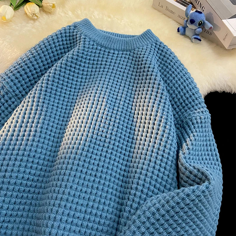 saferido Korean Solid Color Baggy Sweater Men's Knitting Pullovers Crew Neck Pullover Women Harajuku Knitwear Christmas Red Knitted