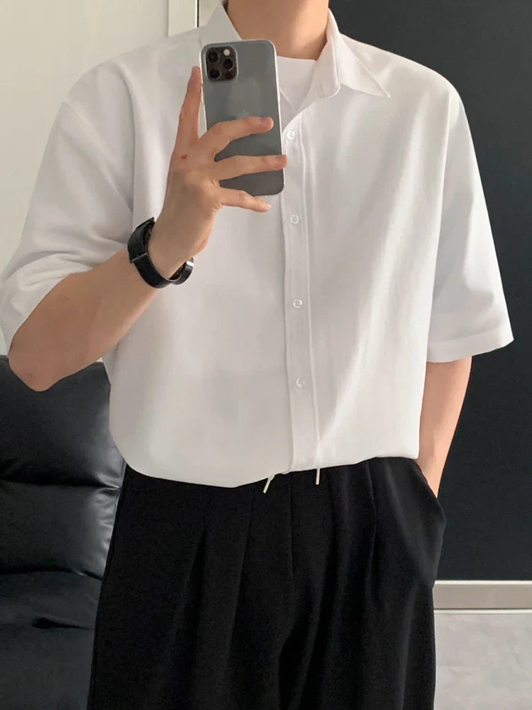 saferido Men Short Sleeve Shirt 2024 Summer New Korean Style Single Breasted Lapel Business Casual Top Solid Color Male