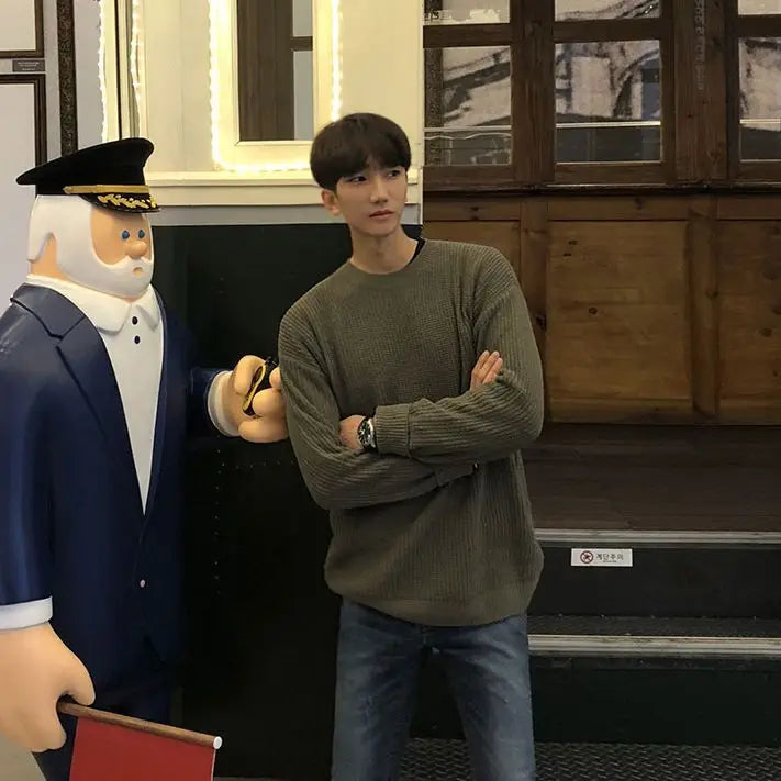 Autumn Mens Sweater Solid Color Loose Casual Bottoming Pullover Round Neck Japanese Warm Knitted Sweater