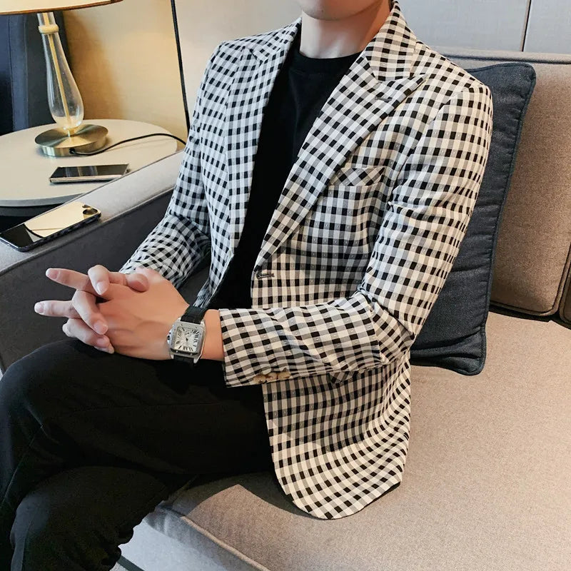 saferido Male Casual Plaid Blazers New Design Korean Version Slim-Fit Trend Business Coat High Quality Selling Fashion Suit Men 4XL