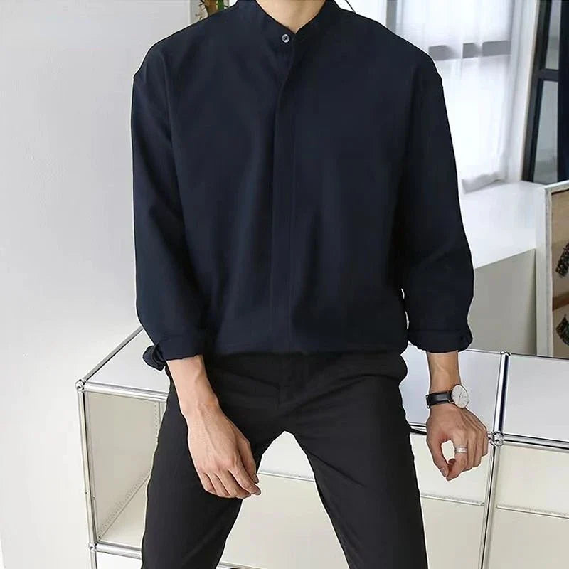 New Silk Senior Sexy Dark Blue Shirt for Men Solid Color Long Sleeve Stand-up Collar Loose Business Casual Iron-free Shirt