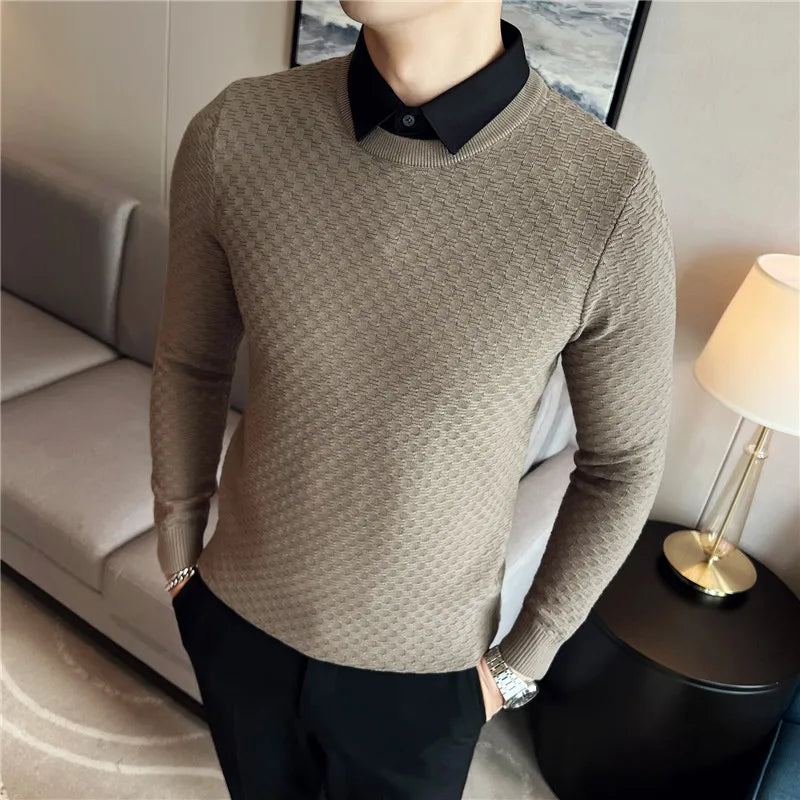 saferido Fake-2Pieces Top Quality Gentlemen Sweater Men Clothing Fashion Slim Fit Casual Knitted Pullovers Pull Homme Korean Style S-4XL