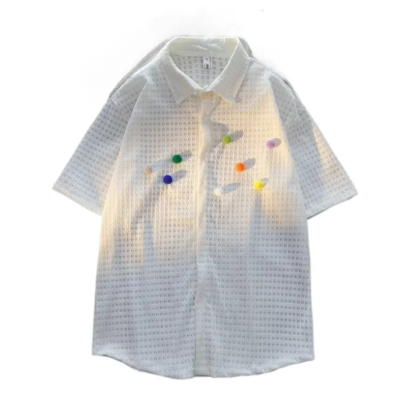 saferido Summer Men's Shirts New Chic Hollow Out Turn-down Collar High Street Youthful Popular Short Sleeve Japanese Harajuku Beach Style