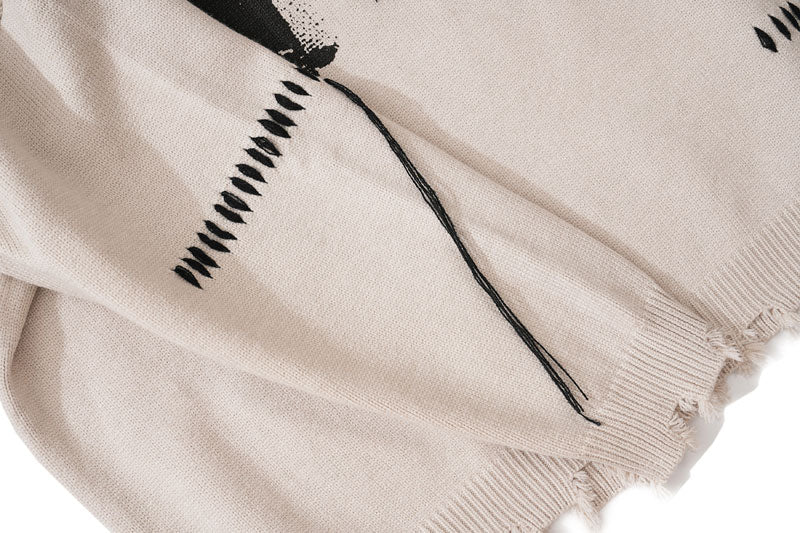 Hip Hop Knitted Sweaters Men Harajuku Vintage Hole Ghost Graphic Jumpers Streetwear Punk Casual Oversized O-Neck Pullover Unisex