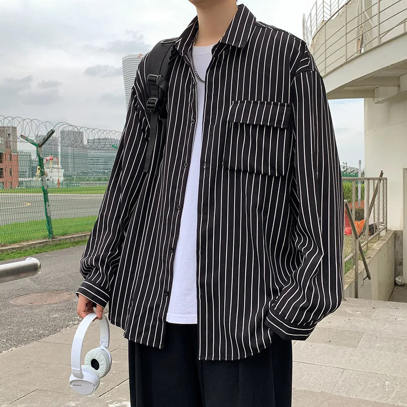 saferido Stripe Long Sleeve Shirt Japanese Streetwear High Quality Shirts Spring Autumn Harajuku Casual Coat Korean Clothes Men Clothing