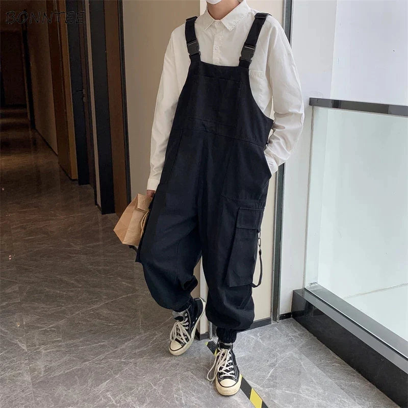 saferido Suspenders Jumpsuit Pants Men Summer Overalls Japanese Loose Straps Casual Pockets Unisex Oversize Streetwear Solid Man Clothing