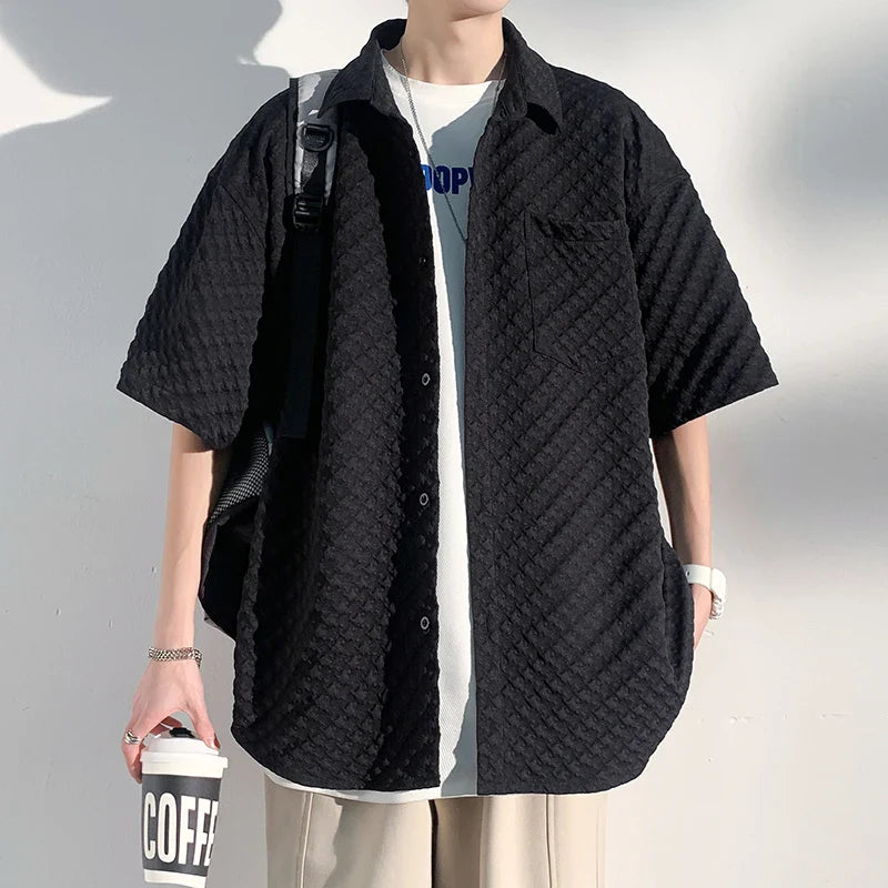 saferido Men's Short Sleeve Shirts Solid Color Blouses Fashion Streetwear Clothes College Style Tops Spring Summer Male Cardigan