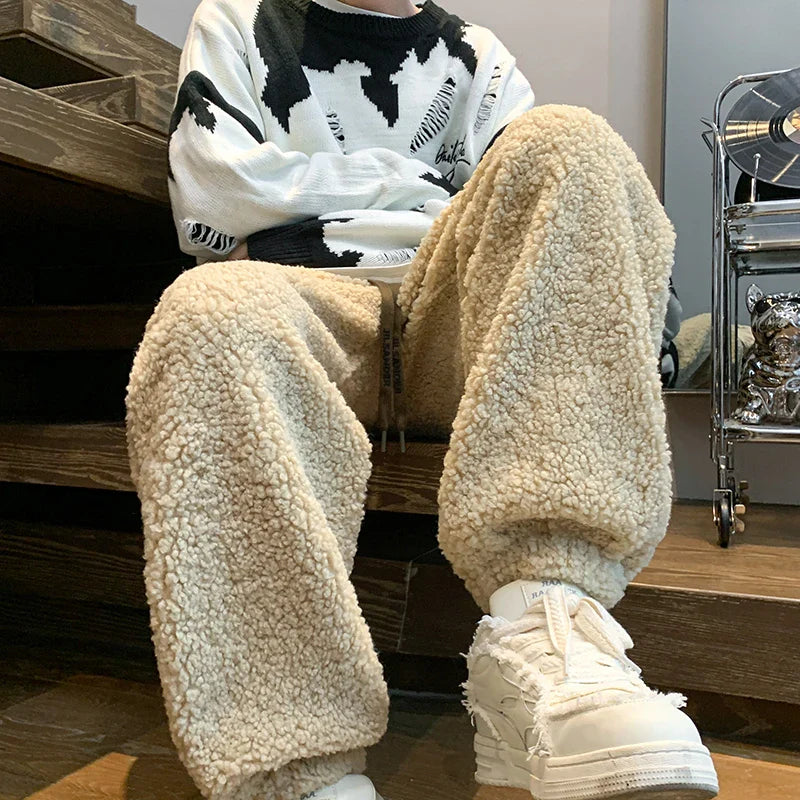 saferido Winter Thickened Pants Men Warm Fashion Retro Lamb Wool Pants Men Oversized Streetwear Loose Straight Pants Mens Thick Trousers