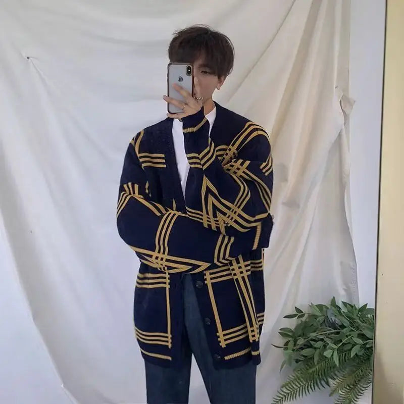 Men's Clothing Cardigan Plaid Knit Sweater Male V Neck Long No Hoodie Wool Casual Sale Best Selling Products Classic Street
