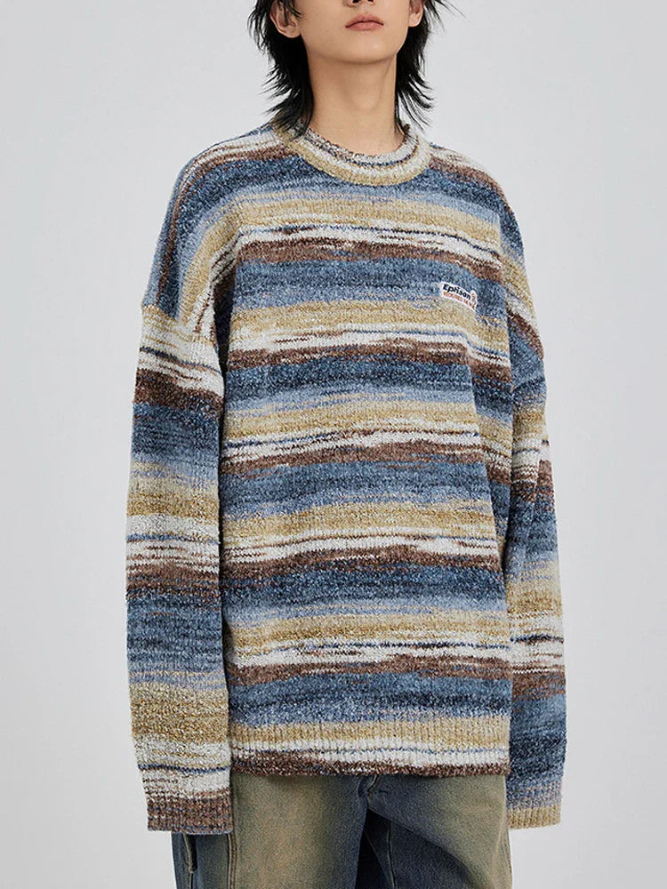 saferido Striped Knitted Sweater Coat Men Japanese Y2K Oversize Casual Autumn Winter Loose O-neck Pullovers for Man Streetwear