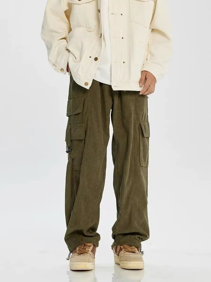 saferido Corduroy Cargo Pants Men Oversize Wide Leg Cargo Trousers Male Streetwear Hip Hop Harajuku Green Loose Japanese Vintage