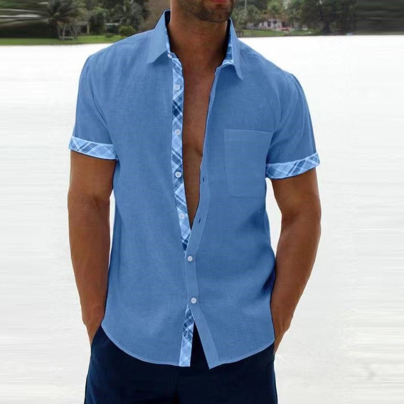 Vintage Plaid Print Mens Patchwork Shirts Fashion Loose Short Sleeve Button Cardigan Tops Men Clothes Spring Summer Casual Shirt