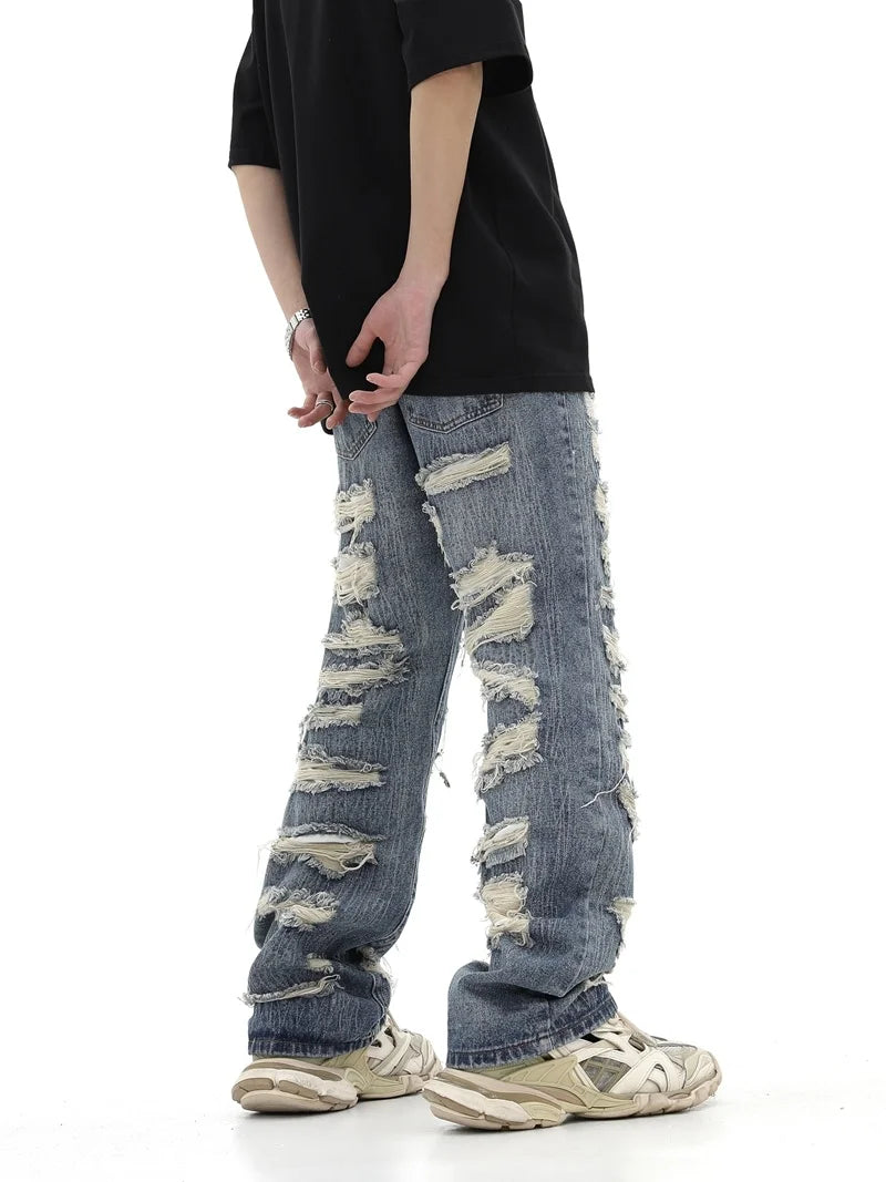 saferido American style high street washed personalized torn hole cut straight tube loose fitting jeans, versatile for men