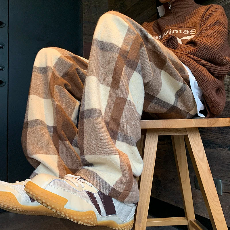 saferido Winter Thickened Woolen Pants Men Warm Retro Plaid Pants Men Oversized Streetwear Loose Wide Leg Pants Mens Thick Trousers M-2XL