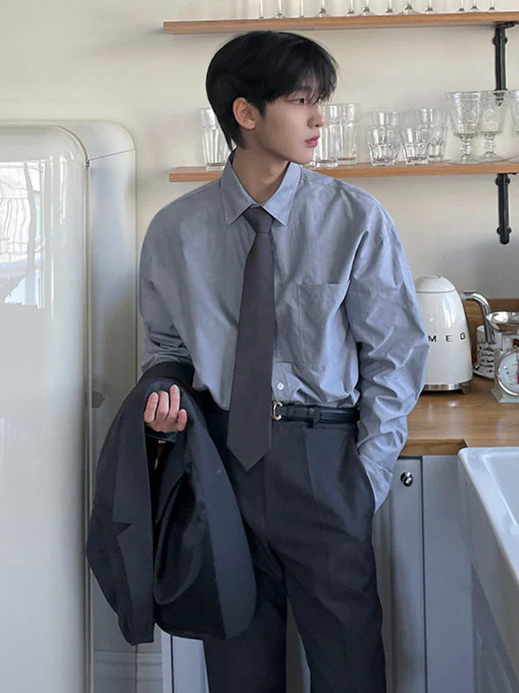 saferido Turn Down Collar Men Shirt Personality Solid Color Male Shirts Niche Design Men's Wear 2024 Spring Korean Streetwear