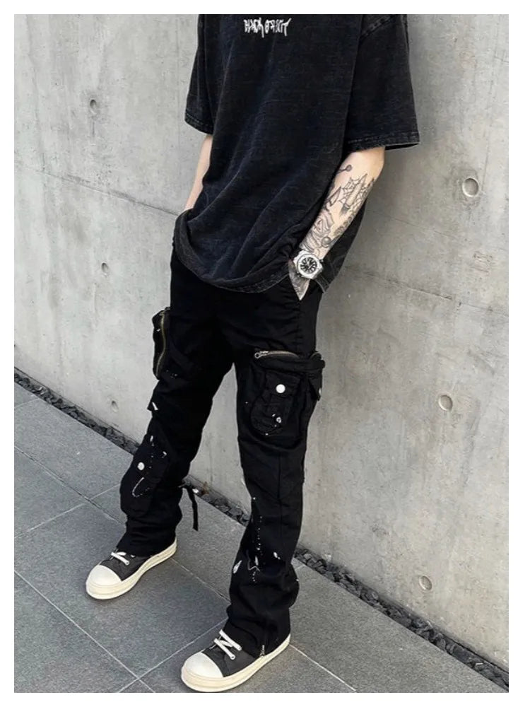 saferido Street Strap Speckled Ink Pocket Stereoscopic Cut Micro Horn Workwear Pants Hip Hop High Street Punk y2k streetwear Stacked Casual Pants