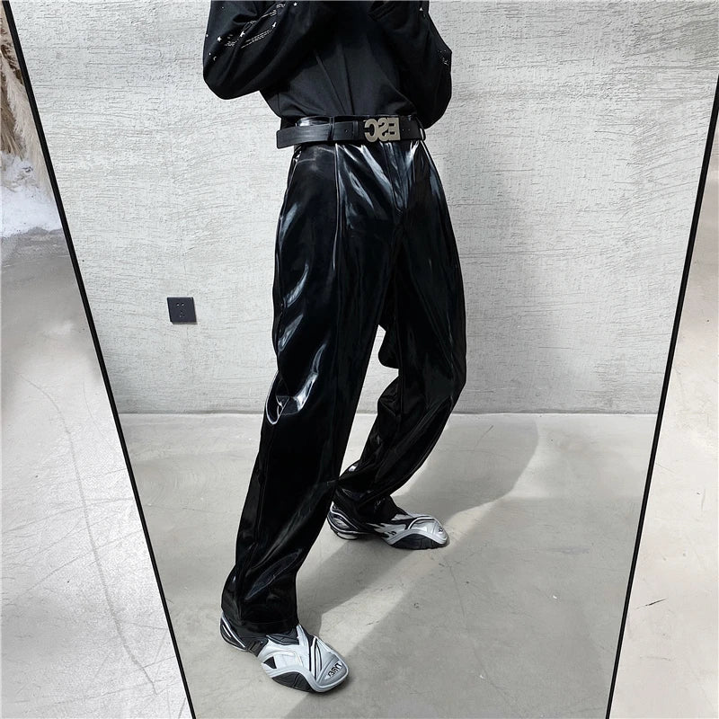 saferido British Style Net Trend Personality Streetwear Bright PU Leather Trousers Side Tight Waist Loose Casual Pants Men's S-2XL