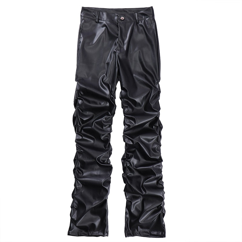 Hip Hop Mens Pleated Pu Leather Pants Harajuku Retro Streetwear Loose Ruched Casual Trousers Straight Solid Color Black Pants