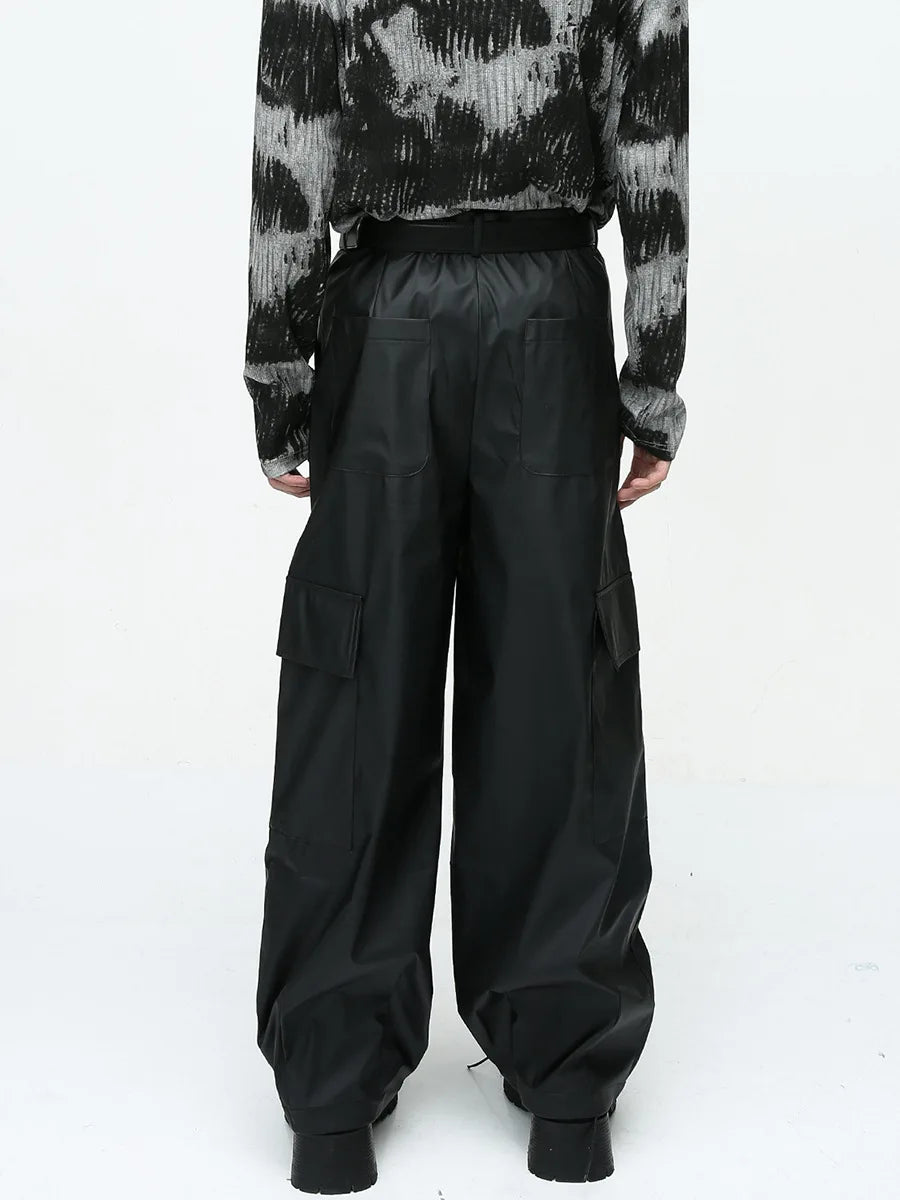 saferido Autumn American style pleated design drape floor mopping niche casual PU leather pants men's trendy pants pantalon homme cuir