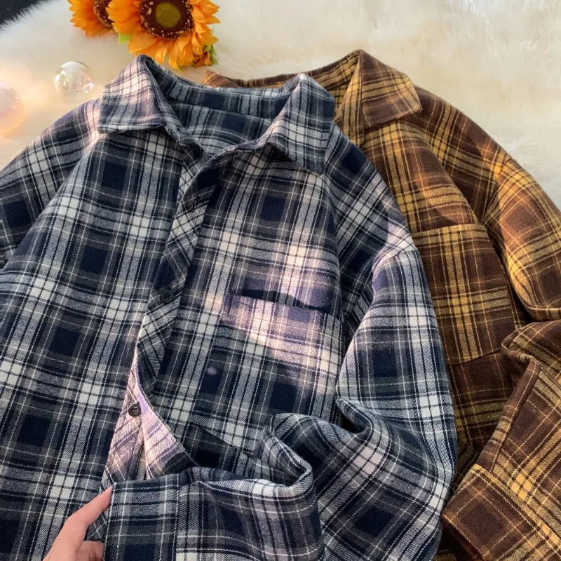 saferido Retro Plaid Long Sleeve Shirt Men Spring Fall Loose Shirt Turn-down Collar Blouse Hip Hop Streetwear Male Shirts