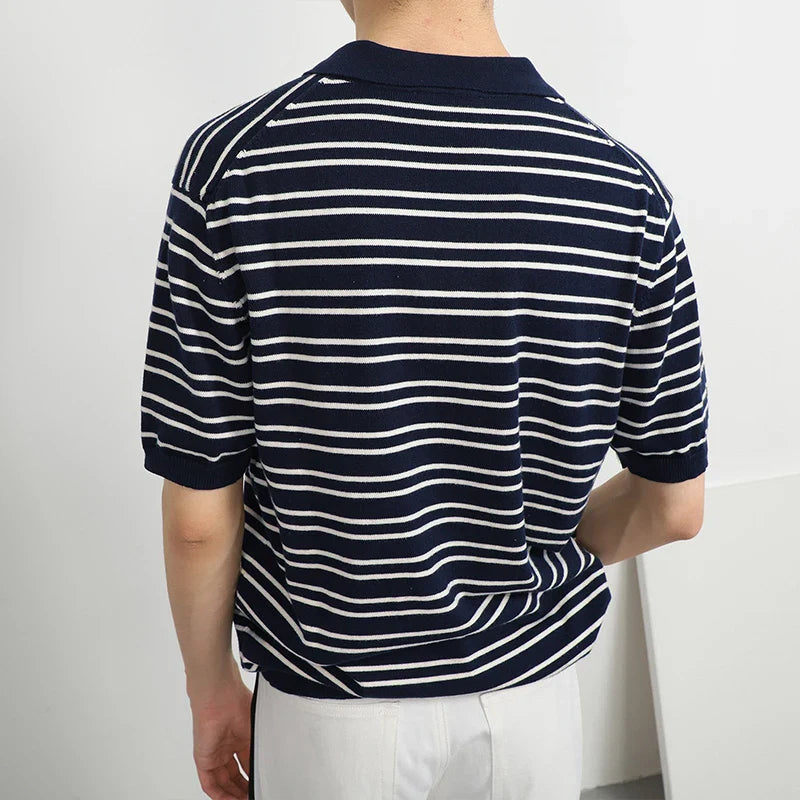 Summer Men's Clothing Light Luxury Knitted Polo Shirt Leisure Striped V-Neck Solid Color Short Sleeve Fashion Retro Knitwear