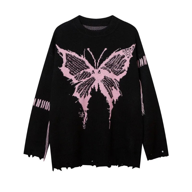 saferido High Street Trendy Men Sweater Dark Butterfly Jacquard Round Neck Pullover with Hole in The Bottom Hem Knitwear Spring Autumn