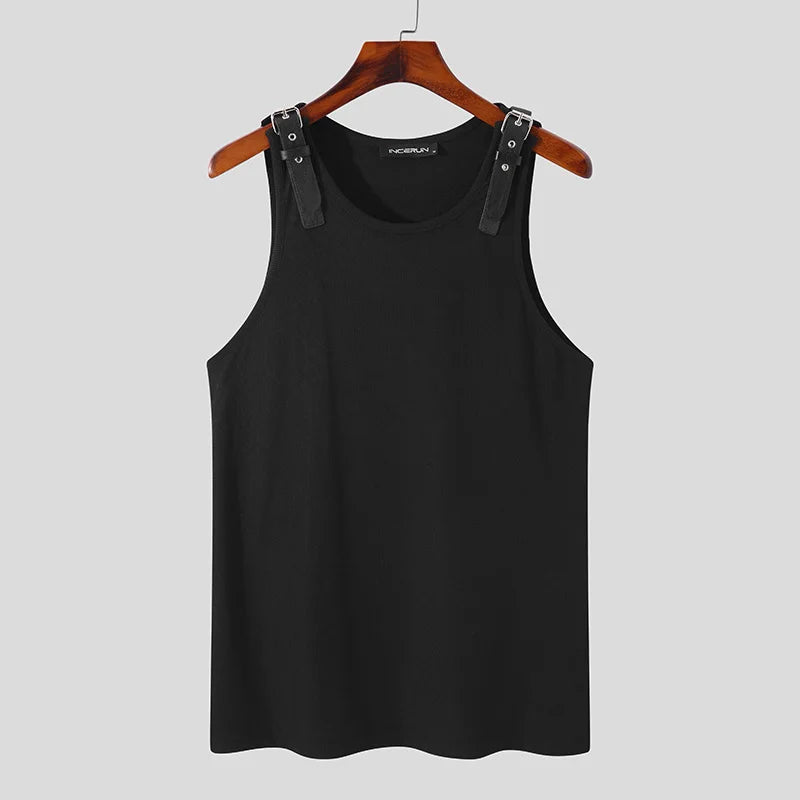 Men Tank Tops Solid Color PU Leather Button Sleeveless Streetwear O-neck Vests Summer Fashion Men Clothing S-5XL 7