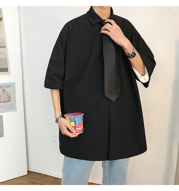 saferido Summer New Fashion Loose Solid Shirts Men's Casual Short Sleeve Shirts Turn-down Collar Clothing Blouses Tops Q02