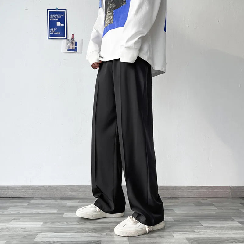 saferido Summer Thin Pants Men Fashion Gray Black Casual Ice Silk Pants Men Streetwear Korean Loose Straight Wide Leg Pants Mens Trousers