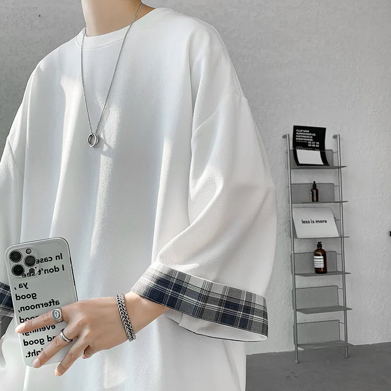 saferido Spring Summer Men's T-shirts Women Oversized 2XL Korean Style Loose Plaid T-shirt Casual Seven sleeves T-Shirt Male White