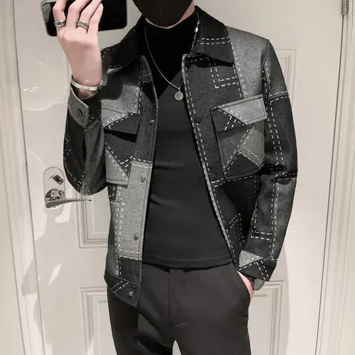 saferido Spring Autumn Men Plaid Jackets Street Casual Slim Fit Cotton Jacket Navy Blue Fashion Men Cowboy Coat Plus Size S-3XL