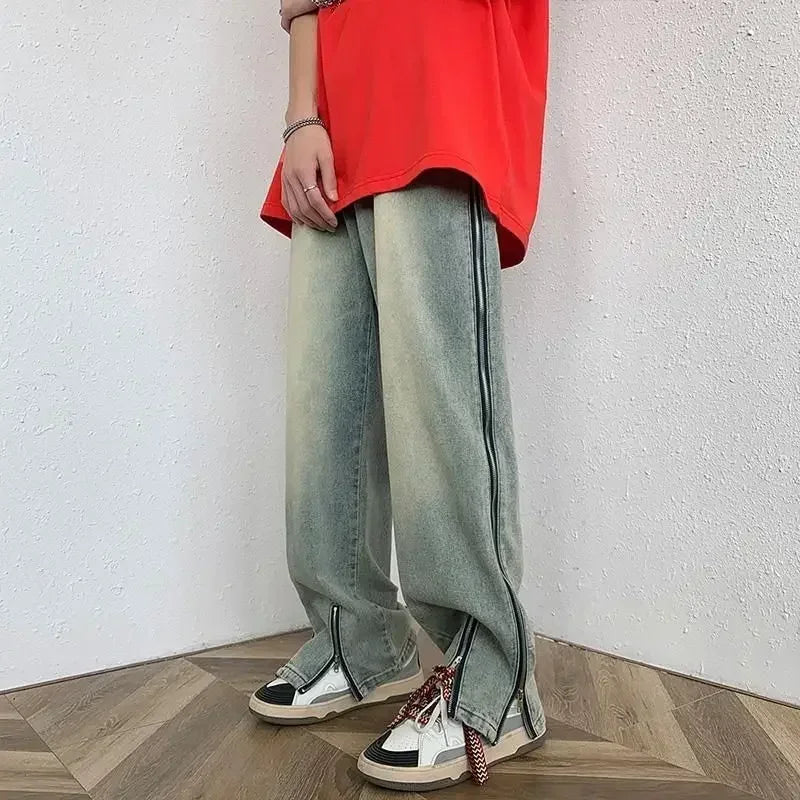 saferido Trousers Straight Jeans for Men with Slits Hip Hop Male Cowboy Pants Punk Wide Leg Baggy 2024 Korean Autumn Designer Cotton Kpop