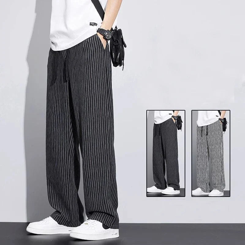 saferido Korean Version Streetwear Fashion Men Stripe Wide Leg Pants Summer Male Harajuku Loose Casual Elastic Waist Straight Trousers