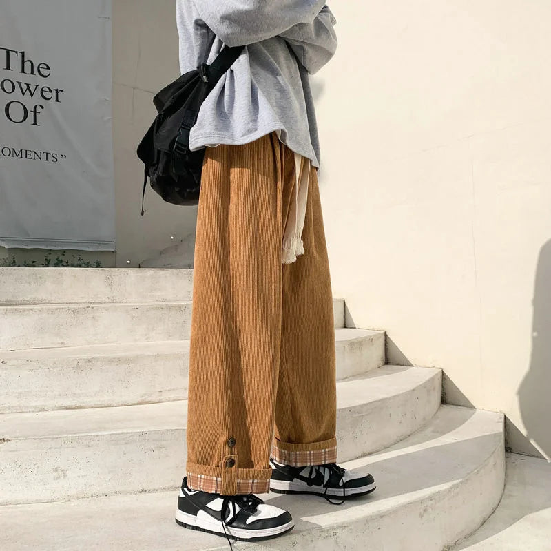 saferido Men's Plaid Corduroy Fabric Loose Cargo Casual Pants Fashion Trend Sweatpants Elastic Waist Oversized Style Trousers M-3XL