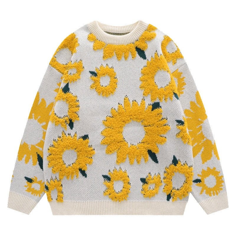 Couples Loose Knit Sweater Round Neck Oversize Casual Chrysanthemum Print Sweater Men's Street Harajuku Fashion Jumper Autumn