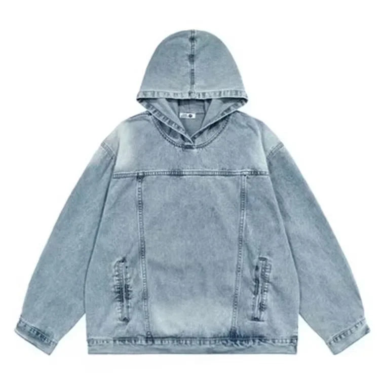 Japanese Denim Hooded Jacket Men Women Loose Casual Vintage Sweatshirt Coat High Street Washed Denim Pullover Varsity Autumn