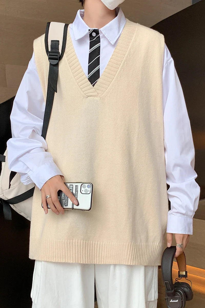 saferido Sweater Vest Men V-neck Solid Leisure Loose All-match Streetwear Sleeveless Sweaters Mens Knitted Korean Style Waistcoat