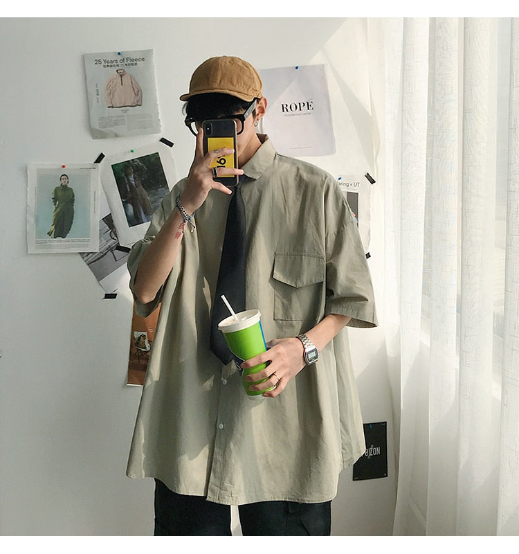 saferido Summer New Fashion Loose Solid Shirts Men's Casual Short Sleeve Shirts Turn-down Collar Clothing Blouses Tops Q02