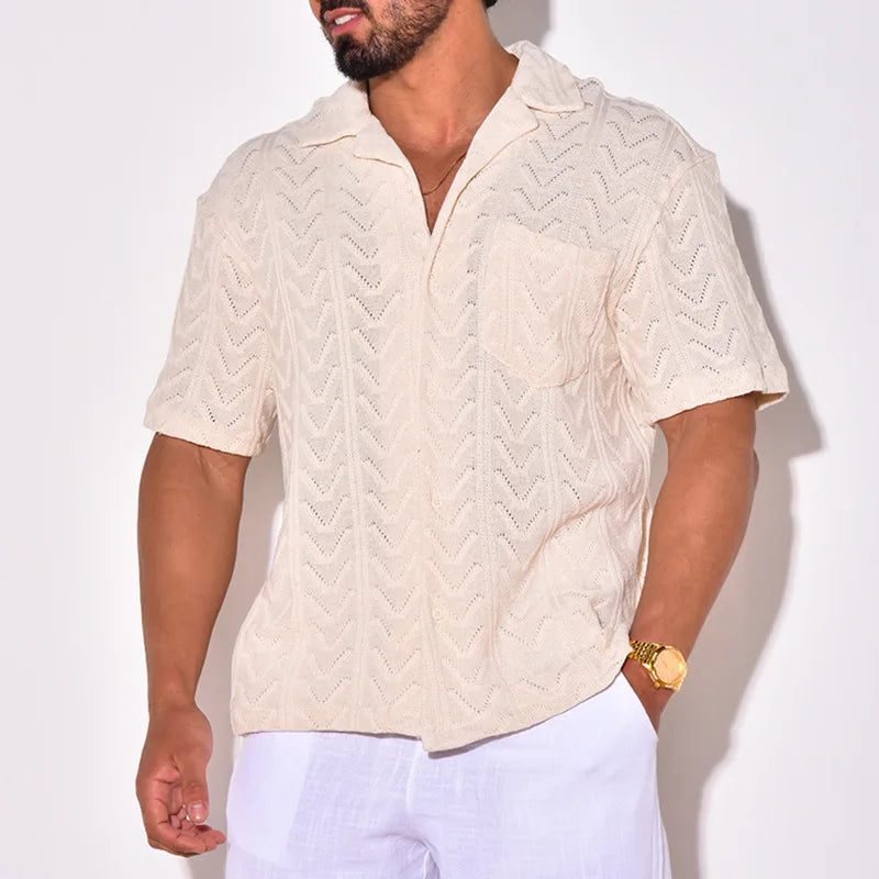 saferido Spring Summer Knit Jacquard Mens Shirt Short Sleeve Lapel Casual Loose Tops Fashion Vintage Knitwear Clothing For Men Streetwear