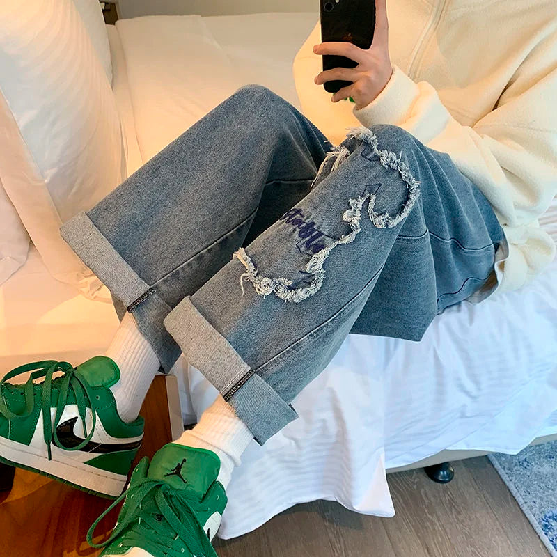 saferido Men's Baggy Homme Blue/black Color Straight Pants Cargo Pocket Printing Jeans Biker Denim Oversized Trousers Size M-5XL