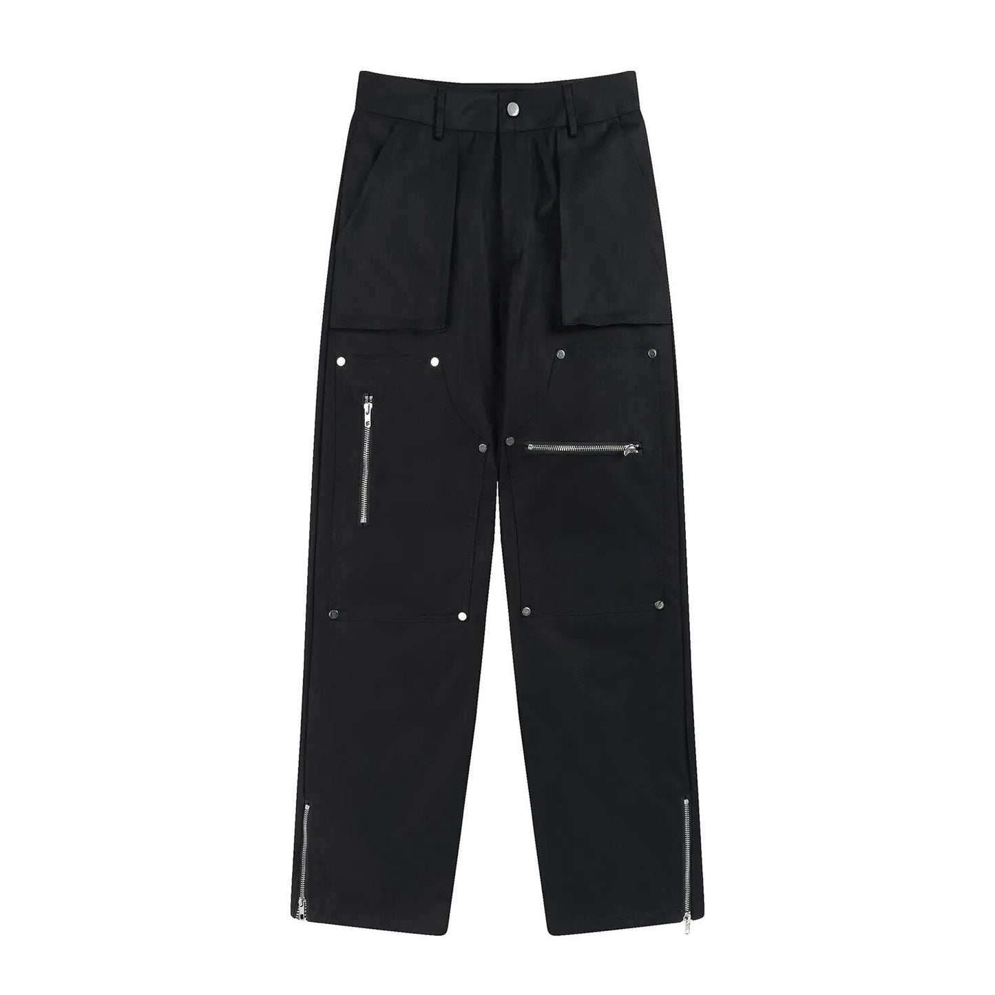 Hip Hop Vibe Heavy Functional Cargo Trousers for Men Fashionable Rivets Zipper Split Adjust Micro Flare Pants White Male Clothes