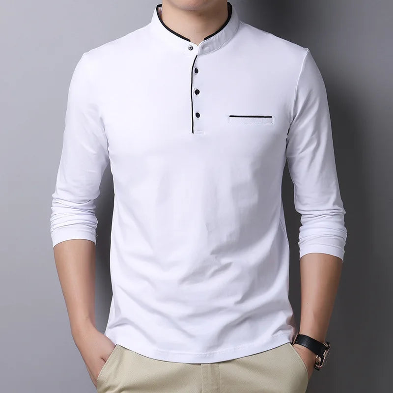 saferido New Spring Autumn T Shirt Men Cotton Long Sleeve Slim Fit Mens Tshirt Fashion MANDARIN COLLAR Solid Color Tops Tees Men Clothing