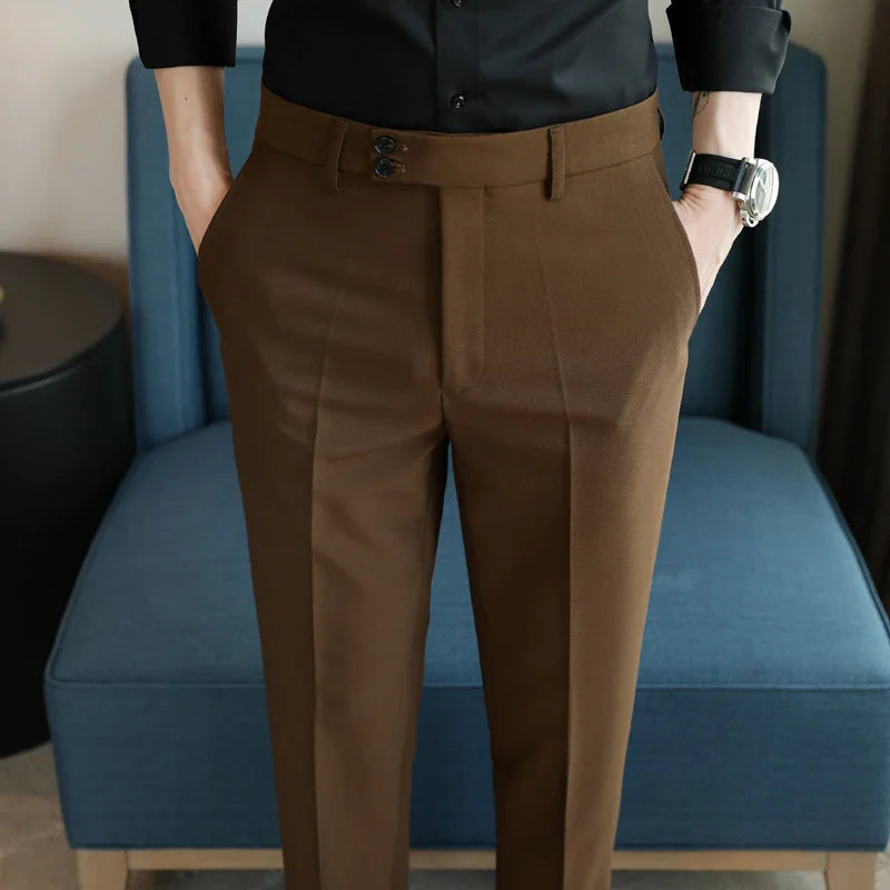 saferido Men Dress Pants High Waist Trousers Autumn New British Style Straight Slim Fit Suit Pants Solid Casual Fashion Men Clothing