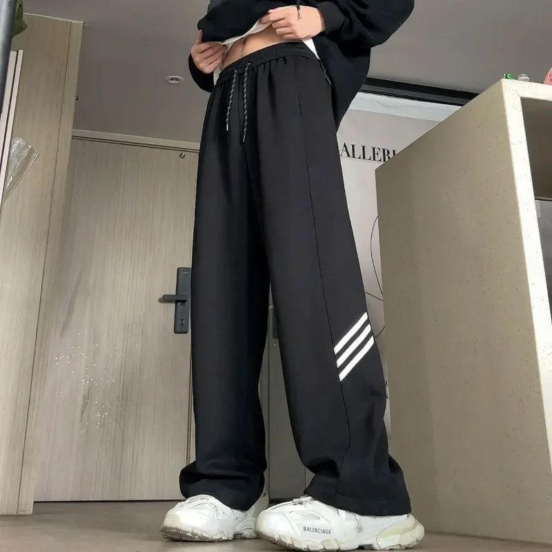 saferido American Trendy Vintage Summer Loose Sports Wide Leg Pants Men Pocket Striped Elastic Wait Drawstring Casual Straight Trousers