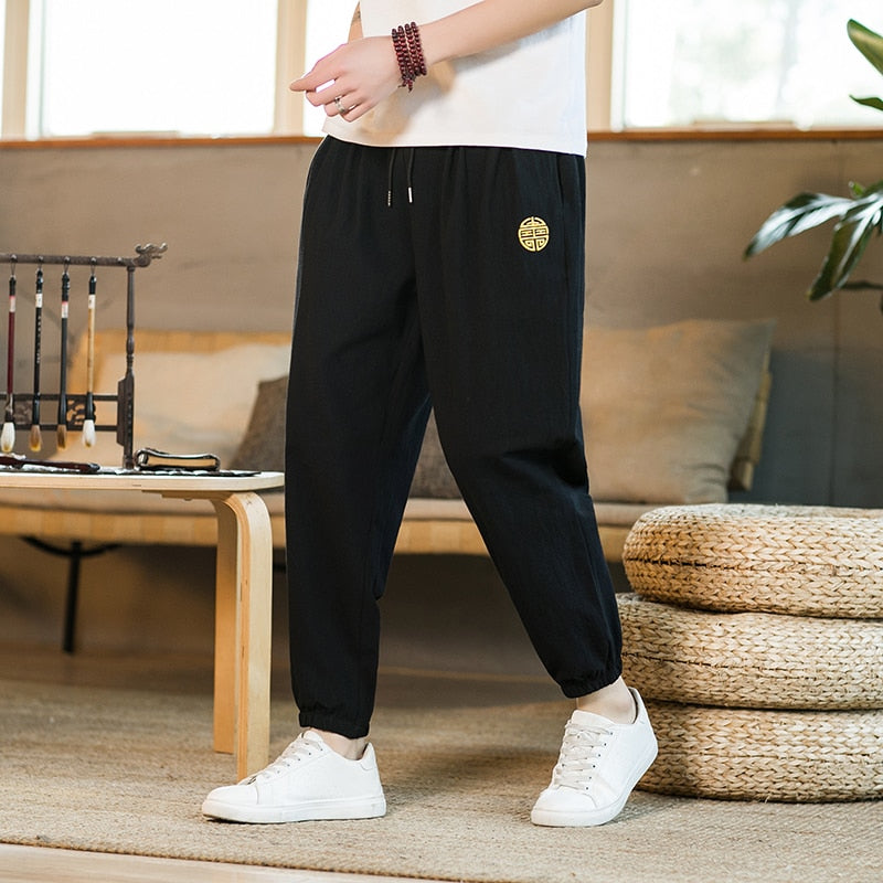 Summer Casual Chinese Style Cotton Linen Ninth Pants Men Fashion Embroidery Loose Harem Pants Men's Street Jogging Pants