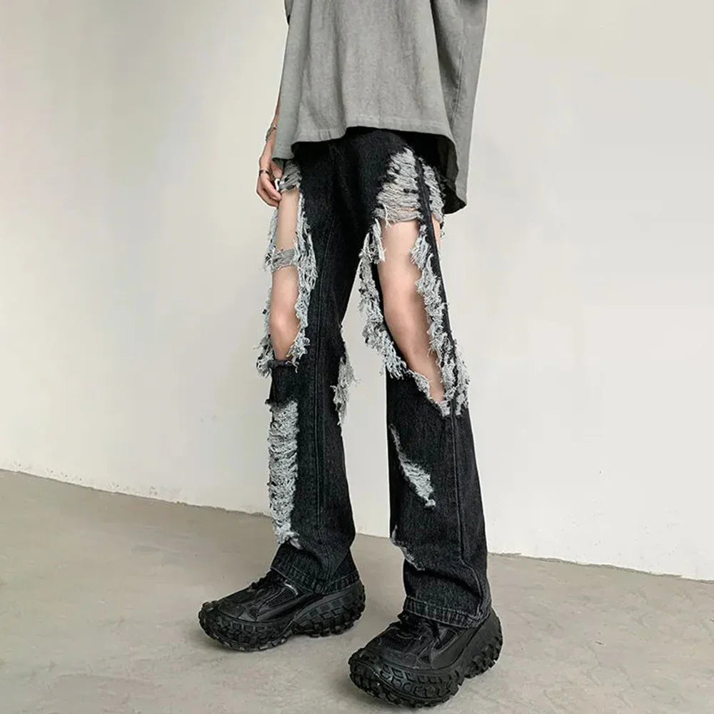 saferido Y2K Unisex Perforated Jeans Mens Summer Korean 2024 Slim Design Straight Wide Leg Denim Pants LGBT Man Sexy Ripped Fringed Jeans
