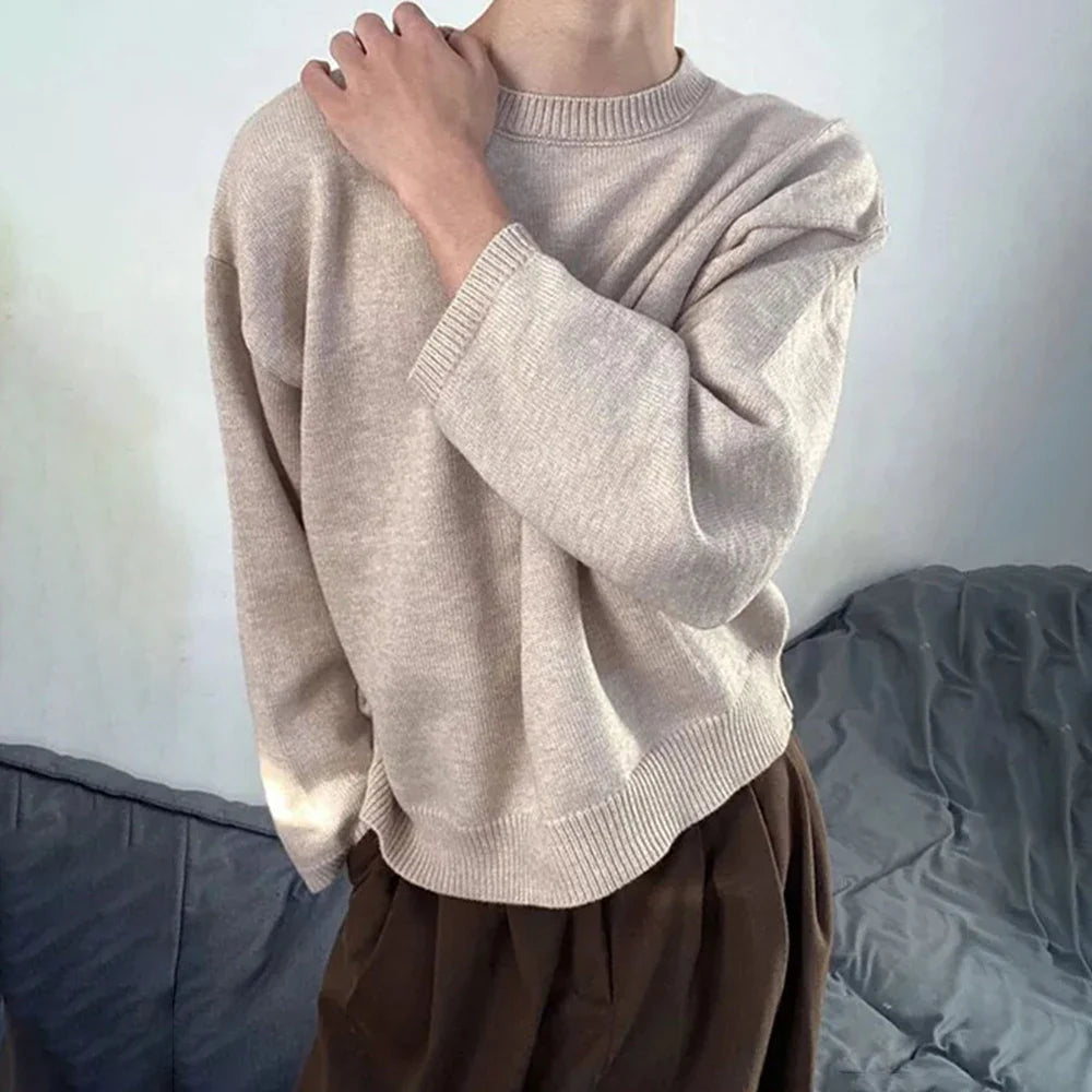 saferido Mens Autumn Japanese Lazy Style Sweater 2024 New Essential Round Neck Loose Casual Simple Solid Color Long-Sleeve Sweater For Men